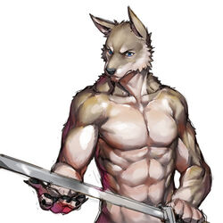  1:1 2015 5_fingers abs anthro biceps biped black_claws black_pawpads blue_eyes canid canine canis claws digital_media_(artwork) featureless_chest fingers fur grey_body grey_fur half-length_portrait holding_melee_weapon holding_object holding_sword holding_weapon jacketbear low_res male mammal melee_weapon muscular muscular_anthro muscular_male nude obliques pawpads pecs portrait simple_background solo standing sword triceps weapon white_background wolf 