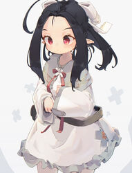  absurdres ahoge belt black_hair bow capelet cowboy_shot dress expressionless female forehead grey_capelet hairbow highres long_hair long_sleeves nep_(nep_76) original pointy_ears red_eyes sidelocks simple_background solo white_background white_bow white_dress wide_sleeves 