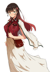  bag black_hair breasts buttons cardigan cardigan_on_shoulders female floating_clothes floating_hair flower gradient_hair green_eyes hair_flower hair_ornament highres katsura_miyabi large_breasts long_hair long_skirt looking_at_viewer multicolored_hair open_mouth red_hair red_shirt shirt shoulder_bag simple_background skirt solo station_memories tokiwa_midori_(kyokutou_funamushi) white_background white_cardigan white_skirt 