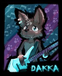  2020 abstract_background absurd_res anthro bass_guitar black_body black_fur blue_eyes blush canid canine canis dakka dakkawoof ear_piercing ear_ring fangs fur guitar head_tuft hi_res looking_at_viewer male mammal musical_instrument name_badge piercing plucked_string_instrument ring_piercing smile solo string_instrument teeth tuft wolf young young_anthro 