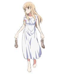  barefoot blonde_hair blush breasts closed_mouth collarbone commentary_request dress female full_body glasses highres holding holding_clothes holding_footwear kaneko_(novram58) long_hair looking_at_viewer perrine_h._clostermann shoes simple_background small_breasts smile solo standing strike_witches unworn_shoes white_background white_dress world_witches_series yellow_eyes 