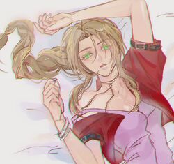  aerith_gainsborough arm_behind_head bangle bed_sheet bracelet braid braided_ponytail breasts brown_hair cleavage dress eni_(yoyogieni) female final_fantasy final_fantasy_vii final_fantasy_vii_remake green_eyes hair_between_eyes highres jacket jacket_partially_removed jewelry long_hair looking_at_viewer lying medium_breasts on_back parted_bangs parted_lips pink_dress red_jacket short_sleeves sidelocks single_bare_shoulder solo upper_body 