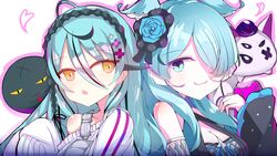  2girls :3 ahoge bad_id bad_pixiv_id blue_eyes blue_flower blue_rose breasts cleavage cleavage_cutout clothing_cutout cosplay costume_switch dragon elira_pendora elira_pendora_(1st_costume) elira_pendora_(cosplay) flower grey_overalls hair_between_eyes hair_flower hair_ornament hair_over_one_eye hairband head_wings heart highres lolita_hairband looking_at_viewer looking_to_the_side medium_breasts multiple_girls nijisanji nijisanji_en nijisanji_kr off_shoulder one_eye_covered overalls pikl_(elira_pendora) popoko_(pokopokosuisei) rose ryu_hari ryu_hari_(cosplay) smile sweater upper_body virtual_youtuber white_background white_sweater wings yellow_eyes 