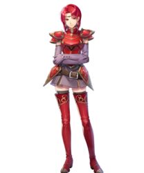  armor belt black_thighhighs boots breastplate circlet crossed_arms dress earrings elbow_gloves female fire_emblem fire_emblem:_the_binding_blade fire_emblem_heroes full_body gloves highres jewelry kiyu_(zuyu) looking_at_viewer melady_(fire_emblem) non-web_source official_art purple_dress red_armor red_eyes red_hair shiny_clothes short_dress short_hair shoulder_armor sleeveless smile solo standing thigh_boots thighhighs thighhighs_under_boots transparent_background zettai_ryouiki 