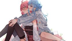  2girls absurdres ahoge backlighting black_thighhighs blue_eyes blue_hair blush commentary_request earrings from_side green_eyes hands_on_another&#039;s_knees highres hololive hoshimachi_suisei hoshimachi_suisei_(school_uniform) hug hug_from_behind jewelry long_sleeves looking_at_another micomet_(hololive) multiple_girls official_alternate_costume open_mouth pink_hair red_skirt ribbed_sweater sakura_miko sakura_miko_(casual) sitting skirt smile sweater thighhighs tsukino_(nakajimaseiki) virtual_youtuber white_background yuri 