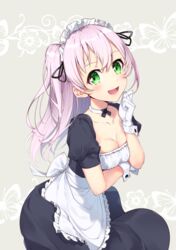  apron black_ribbon blush bon_(bonbon315) breasts choker cleavage collarbone commentary_request female frills gloves green_eyes grey_hair hair_between_eyes hair_ribbon highres long_hair looking_at_viewer maid maid_headdress open_mouth original ponytail ribbon short_sleeves solo white_apron white_choker white_gloves wrist_cuffs 