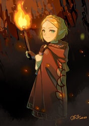  absurdres blonde_hair braid cloak female green_eyes guazi highres holding holding_torch pointy_ears princess_zelda short_hair solo the_legend_of_zelda the_legend_of_zelda:_tears_of_the_kingdom torch 