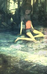  :| bare_legs bare_shoulders barefoot blue_shorts brown_eyes brown_hair closed_mouth commentary day expressionless female highres knees legs looking_down medium_hair original outdoors shadow shirt short_shorts shorts sitting sleeveless sleeveless_shirt solo spaghetti_strap sunlight tokunaga_akimasa water yokozuwari 