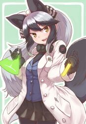  animal_ears black_bow black_bowtie black_fur black_gloves black_hair black_necktie black_pantyhose black_skirt blue_coat bow bowtie coat commentary_request cosplay cowboy_shot erlenmeyer_flask extra_ears female flask fox_ears fox_girl fox_tail fur_trim gloves grey_hair highres japari_symbol kako_(kemono_friends) kako_(kemono_friends)_(cosplay) kemono_friends lab_coat long_hair multicolored_hair necktie no_pants okyao pantyhose pleated_skirt silver_fox_(kemono_friends) skirt solo tail test_tube white_coat yellow_eyes 