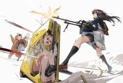  &gt;_&lt; 1other 3girls animal_costume backpack bag bare_legs barefoot black_hair black_ribbon black_shorts black_socks blonde_hair blue_dress bow_hairband boxer_briefs brown_footwear bullet casing_ejection dress firing forehead from_below grey_dress gun gundam gundam_08th_ms_team hair_ornament hair_ribbon hairband handgun holding holding_gun holding_sign holding_weapon hood hoodie inoue_takina kurumi_(lycoris_recoil) loafers long_hair looking_back lycoris_recoil lycoris_uniform machine_gun male_underwear multiple_girls nishikigi_chisato panties parody pk_machine_gun pkm pleated_dress purple_eyes red_dress red_eyes red_ribbon ribbon rolling_suitcase running screaming shell_casing shining_shoot_(pose) shoes shorts shorts_under_dress sign signature sleeves_past_fingers sleeves_past_wrists socks squirrel_costume standing suitcase tr6xx two-tone_dress underwear upskirt weapon white_background white_hoodie white_panties x-ray yellow_hood 