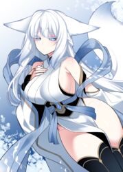  animal_ears bare_shoulders blue_eyes breasts dress ears_down elbow_gloves female fox_ears fox_tail gloves konshin large_breasts long_dress long_hair looking_at_viewer no_panties orie_mishiro original pelvic_curtain sideboob sleeveless sleeveless_dress solo tail thighhighs 