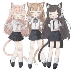  3girls :3 animal_ear_fluff animal_ears animal_hands anya_pandaria atelier_live bad_id bad_twitter_id black_footwear black_necktie black_skirt blush brown_hair cat_ears chai_(vtuber) closed_eyes english_commentary gloves kemonomimi_mode kuzuryu_io multiple_girls necktie oerba_yun_fang omochi_chowder open_mouth paw_gloves pink_hair school_uniform second-party_source serafuku skirt smile virtual_youtuber white_background 