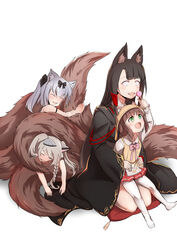  4girls :d akagi_(azur_lane) animal_ear_fluff animal_ears azur_lane black_kimono bow braid brown_hair candy cat_ears commentary_request ears_through_headwear eyeliner eyeshadow food fox_ears fox_girl fox_tail grey_hair hairbow hat highres holding holding_candy holding_food holding_lollipop hugging_another&#039;s_tail hugging_object hugging_tail japanese_clothes kimono kindergarten_uniform kitsune lollipop long_hair makeup mechanical_ears multiple_girls multiple_tails mutsuki_(azur_lane) mutsuki_(retrofit)_(azur_lane) open_mouth pillow red_eyes school_hat side_braid simple_background smile steed_(steed_enterprise) tail white_background wolf_ears wolf_girl yukikaze_(azur_lane) yuudachi_(azur_lane) 