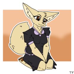  1:1 aggretsuko anthro black_bottomwear black_clothing black_shirt black_skirt black_topwear bottomwear breasts brown_background brown_eyes brown_nose brown_pawpads canid canine claws clothed clothing digital_drawing_(artwork) digital_media_(artwork) eyebrows eyelashes female fennec_fox fenneko flat_colors fluffy fluffy_tail fox fur inner_ear_fluff kneeling maid_uniform mammal monotone_body monotone_fur outline pawpads sanrio shirt simple_background sitting skirt solo tail tan_body tan_fur tan_inner_ear_fluff theenyface toe_claws topwear true_fox tuft uniform white_outline 