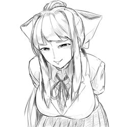  breasts doki_doki_literature_club hair hair_ornament kaxiota large_breasts monika_(doki_doki_literature_club) ponytail pov pov_eye_contact ribbon school_uniform 