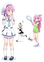  &gt;_&lt; 3girls animal animal_ears apron badminton_racket bare_arms bare_shoulders beret black_footwear black_hairband black_skirt blonde_hair blue_eyes blue_necktie blush center_frills closed_eyes closed_mouth collared_shirt commentary criss-cross_halter crossover dress fake_animal_ears fleur_de_lapin_uniform flying_sweatdrops frilled_apron frilled_hairband frilled_skirt frills gochuumon_wa_usagi_desu_ka? green_dress green_eyes hair_between_eyes hair_bobbles hair_ornament hair_rings hairband halterneck hands_up hat holding jabittoson kirima_syaro multiple_crossover multiple_girls necktie one_side_up pink_footwear pink_hair profile puffy_short_sleeves puffy_sleeves rabbit rabbit_ears racket running sailor_collar sailor_dress shadow sherlock_shellingford shinjou_kanae_(teekyuu) shirt shoes short_necktie short_sleeves skirt socks standing suspender_skirt suspenders tantei_opera_milky_holmes teekyuu thighhighs uniform waist_apron waitress wavy_mouth white_apron white_background white_dress white_headwear white_legwear white_sailor_collar white_shirt wild_geese wrist_cuffs 