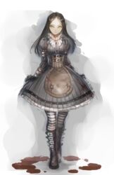  alice:_madness_returns alice_liddell_(american_mcgee&#039;s_alice) american_mcgee&#039;s_alice belt_boots black_footwear black_hair blood boots breasts closed_mouth dress female gloves gothic_lolita highres knee_boots lolita_fashion long_hair looking_at_viewer pantyhose simple_background solo striped_clothes striped_pantyhose type-alpha 