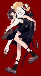  2girls :d absurdres anklet beads black_dress black_legwear blonde_hair blue_eyes blunt_bangs blush bow braid brooch brown_footwear brown_hair carrying character_request closed_eyes commentary_request copyright_request dot_nose dress footwear_bow frilled_sleeves frills gem glint hair_beads hair_ornament hairbow happy highres inata17ta jewelry legs lifting_person long_hair long_legs looking_at_another multiple_girls one_eye_covered open_mouth piggyback print_shirt puffy_short_sleeves puffy_sleeves red_background red_footwear shirt shoes short_hair short_sleeves signature simple_background sleeveless sleeveless_dress smile socks thighhighs white_legwear zettai_ryouiki 