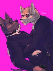  2022 absurd_res anthro artist_name belt bottomwear canid canine canis clothing collar dobermann dobermann_guard_(helluva_boss) domestic_dog duo eyewear hand_on_cheek helluva_boss hi_res male male/male mammal open_mouth pants pinscher rofu_kagazaki romantic romantic_couple smile suit sunglasses topwear walkie-talkie wolf wolf_guard_(helluva_boss) 