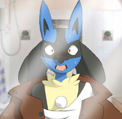  after_transformation anthro arcticfrigidfrostfox bathroom black_body black_fur blue_body blue_fur blush canid canine chest_spike clothed clothing ears_up fangs first_person_view fur generation_4_pokemon implied_transformation low_res lucario male male_anthro mammal mirror mirror_reflection nintendo open_mouth oversized_clothing pokemon pokemon_(species) reflection shower shrunk solo spikes spikes_(anatomy) teeth towel 