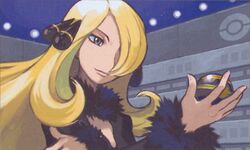  blonde_hair closed_mouth commentary cynthia_(pokemon) english_commentary female grey_eyes hair_ornament holding holding_poke_ball long_hair luxury_ball official_art poke_ball pokemon pokemon_dppt pokemon_tcg solo sugimori_ken third-party_source upper_body 