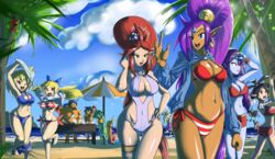  1_eye absurd_res beach bikini blonde_hair blue_eyes bolo_(shantae) breasts clothing dark_body dark_skin female genie green_body green_eyes green_hair group hair harmony_(shantae) hi_res human humanoid male mammal midriff navel navel_outline one-piece_swimsuit open_mouth palm_tree plant plink_(shantae) purple_body purple_hair red_eyes red_hair risky_boots rottytops seaside shantae shantae_(series) side-tie_bikini side-tie_clothing side-tie_swimwear sideless_clothing sideless_swimsuit sky_(shantae) sonicboom30813 string_bikini swimwear tree twitch_and_vinegar undead undressing vera_(shantae) wayforward zapple_(shantae) zombie 