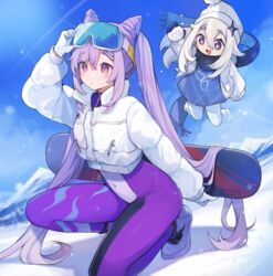  2girls :d arm_up artist_name black_scarf blue_dress blue_sky blush bodysuit commentary cone_hair_bun day dress floating_hair full_body genshin_impact gloves goggles goggles_on_head hair_bun hat highres holding holding_snowball jacket keqing_(genshin_impact) keqing_(winter_olympics)_(genshin_impact) long_hair long_sleeves looking_at_viewer multiple_girls official_alternate_costume on_one_knee outdoors paimon_(genshin_impact) parted_lips pink_eyes puffy_long_sleeves puffy_sleeves purple_bodysuit purple_hair scarf shoes sky smile snow snowball snowboard thick_eyebrows twintails very_long_hair white_footwear white_gloves white_headwear white_jacket yenkoes 