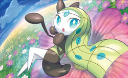  :o black_dress blue_eyes cloud cloudy_sky creature day dress flower full_body gen_5_pokemon grass green_hair long_hair looking_at_viewer meloetta meloetta_(aria) nagimiso no_humans official_art outdoors pokemon pokemon_(creature) pokemon_trading_card_game sky solo third-party_source 