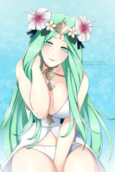  adjusting_hair alternate_costume arm_between_legs bikini blush breasts cleavage dress english_commentary female fire_emblem fire_emblem:_three_houses fire_emblem_heroes flower green_eyes green_hair hair_flower hair_ornament jewelry large_breasts lindaroze long_hair looking_at_viewer necklace panties rhea_(fire_emblem) rhea_(summer)_(fire_emblem) smile solo swimsuit underwear white_bikini white_dress white_panties 