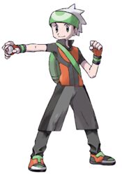  1boy backpack bag beanie brendan_(pokemon) capri_pants clenched_hand closed_mouth fingerless_gloves full_body gloves green_bag hand_up hat holding holding_poke_ball looking_to_the_side lowres male_focus official_art orange_gloves orange_shirt outstretched_arm pants poke_ball pokemon pokemon_emerald pokemon_rse popped_collar premier_ball shirt shoes short_sleeves smile solo standing sugimori_ken transparent_background two-tone_shirt white_hat wristband 