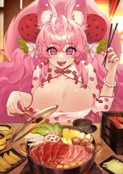  ahoge animal_ear_fluff animal_ears breasts cleavage drooling female food food-themed_hair_ornament fox_ears fox_girl hair_ornament indie_virtual_youtuber kireina_(osiimi) large_breasts nail_polish open_mouth pink_eyes pink_hair second-party_source solo strawberry_hair_ornament tongue tongue_out ultracat virtual_youtuber 