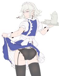  apron ass black_panties black_thighhighs blue_dress bow braid clothes_lift cup dress female frilled_apron frilled_skirt frills garter_belt hairbow hi_you_(flying_bear) highres izayoi_sakuya lace lace-trimmed_panties lace_trim lifting_own_clothes looking_at_viewer maid maid_apron maid_headdress medium_hair panties puffy_short_sleeves puffy_sleeves purple_eyes short_hair short_sleeves skirt skirt_lift smile solo tea_set teacup teapot thighhighs touhou tray twin_braids underwear white_hair 