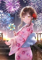  akasaka_asa brown_hair character_request copyright_request female fireworks highres japanese_clothes kimono looking_at_viewer night night_sky outdoors outstretched_arm pinwheel sky stairs upper_body yellow_eyes 