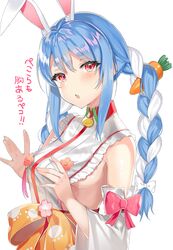  animal_ear_fluff animal_ears blue_hair blush bow braid breasts carrot_hair_ornament commentary_request cosplay detached_sleeves female food-themed_hair_ornament hair_ornament hairbow head_tilt hololive long_hair looking_at_viewer medium_breasts motsunuki multicolored_hair nontraditional_miko obi open_mouth rabbit_ears red_eyes sakura_miko sakura_miko_(1st_costume) sakura_miko_(cosplay) sash sideboob sidelocks simple_background solo streaked_hair translation_request twintails upper_body usada_pekora virtual_youtuber white_background white_bow white_hair wide_sleeves 