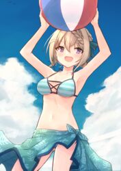  ball beachball bikini blonde_hair blue_sky braid braided_bangs braided_bun breasts centi_mnkt cloud cowboy_shot day female hair_bun highres holding holding_ball holding_beachball kantai_collection medium_breasts official_alternate_costume outdoors perth_(kancolle) perth_(swimsuit_mode)_(kancolle) purple_eyes sarong sky solo striped_bikini striped_clothes swimsuit 