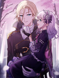  1boy :d black_gloves black_jacket blonde_hair blue_eyes bow c_(eiyuu_densetsu) carrying closed_mouth commentary_request doll_joints dress eiyuu_densetsu eye_contact female flower frilled_dress frilled_hairband frills gloves grey_gloves grey_hair hair_between_eyes hair_flower hair_ornament hairband hairbow hajimari_no_kiseki haku_wi hand_up highres jacket joints juliet_sleeves lapis_rosenberg long_hair long_sleeves looking_at_another open_mouth petals pink_bow profile puffy_sleeves purple_bow purple_dress purple_hairband rose rufus_albarea smile spoilers tree white_flower white_rose wide_sleeves 