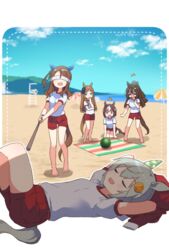  5girls animal_ears baseball_bat beach beach_umbrella blindfold blue_eyes blue_sky brown_hair closed_eyes cloud covering_own_mouth day el_condor_pasa_(umamusume) eye_mask food fruit golden_generation_(umamusume) grass_wonder_(umamusume) grey_hair gym_shirt hair_between_eyes hand_over_own_mouth holding holding_baseball_bat horizon horse_ears horse_girl horse_tail jacket king_halo_(umamusume) koruri lifeguard_chair long_hair multicolored_hair multiple_girls open_mouth outdoors purple_eyes red_shorts sand seiun_sky_(umamusume) shirt short_hair short_sleeves shorts sky special_week_(umamusume) streaked_hair suikawari summer surprised tail tracen_training_uniform umamusume umbrella unworn_jacket watermelon white_hair white_shirt 