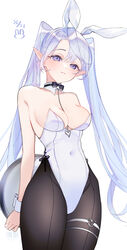  animal_ears arms_behind_back bare_shoulders between_breasts blue_hair bow bowtie breasts bunny_day chains cleavage collarbone covered_navel cowboy_shot detached_collar fake_animal_ears female highres looking_at_viewer md5_mismatch medium_breasts original pantyhose playboy_bunny pointy_ears purple_eyes rabbit_ears simple_background smile solo traditional_bowtie tray twintails white_background wrist_cuffs yukimiya_yuge 