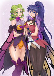  2girls :d absurdres adapted_costume alternate_costume bare_shoulders black_pantyhose blue_eyes blue_hair blush boots braid breasts butterfly_wings cape circlet cleavage collarbone collared_leotard commentary_request cowboy_shot dress fire_emblem fire_emblem:_the_sacred_stones fire_emblem_heroes flower gradient_clothes green_eyes green_hair hair_flower hair_ornament hazuki_(nyorosuke) highres holding_hands insect_wings l&#039;arachel_(fire_emblem) l&#039;arachel_(resplendent)_(fire_emblem) large_breasts long_hair looking_at_viewer multiple_girls official_alternate_costume open_mouth pantyhose ponytail purple_thighhighs short_dress showgirl_skirt simple_background sleeveless sleeveless_turtleneck_leotard smile standing tana_(fire_emblem) thigh_boots thighhighs thighs turtleneck twin_braids wings wrist_cuffs 