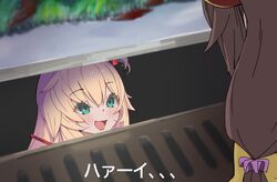  2girls akai_haato blonde_hair blush brown_hair commentary_request grate green_eyes hair_ornament hair_ribbon harada_isuka heart heart_hair_ornament highres hololive it_(stephen_king) long_hair meme multiple_girls open_mouth original parody pennywise_in_the_sewer_(meme) ribbon scene_reference sewer_grate smile storm_drain translated virtual_youtuber 