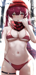  absurdres arm_behind_back bad_id bad_twitter_id bare_tree beanie bikini blush breasts breath female hat heterochromia highres hololive houshou_marine houshou_marine_(summer) large_breasts long_hair looking_at_viewer navel no_nose official_alternate_costume outdoors parted_lips plaid plaid_scarf ponnu_(nikeytina) red_bikini red_eyes red_hair red_hat red_scarf scarf skindentation snow snowing solo stomach swimsuit thigh_strap tree twintails virtual_youtuber yellow_eyes 