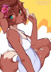  :o animal_ears aqua_eyes artist_name blush body_fur breasts brown_fur brown_hair coffeechicken dog_ears dog_girl dog_tail dress female flower furry furry_female hair_between_eyes hair_flower hair_ornament highres kess_(coffeechicken) looking_at_viewer original short_hair small_breasts solo tail tail_through_clothes twitter_username two-tone_fur v white_dress 