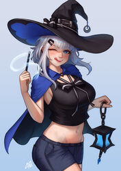  ;q bare_arms black_bow black_shirt blue_cape blue_eyes blue_shorts bow bowtie breasts cape commentary cowboy_shot earrings female grey_background grey_hair hair_ornament hairclip hand_up hat highres holding_lamp jewelry large_breasts lerio_(leriodraws) medium_hair midriff navel one_eye_closed original shirt shorts sleeveless sleeveless_shirt solo stomach tongue tongue_out two-tone_bow wand white_bow witch_hat 