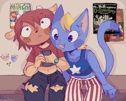  2021 :&lt; anthro black_nose blonde_hair blue_body blue_clothing blue_ears blue_eyes blue_shirt blue_skin blue_tail blue_topwear blush bottomwear bovid caprine clothed clothed_anthro clothed_female clothing crop_top digital_media_(artwork) domestic_cat duo fangs felid feline felis female female_anthro front_view fully_clothed fully_clothed_anthro fully_clothed_female hair hi_res horn inside katy_kat lammy_lamb leaning mammal midriff navel open_mouth pants parappa_the_rapper pattern_bottomwear pattern_clothing pattern_pants pink_nose portrait poster red_clothing red_hair red_shirt red_topwear sheep shirt signature sitting sony_corporation sony_interactive_entertainment striped_bottomwear striped_clothing striped_pants stripes tail tan_body tan_ears tan_skin tank_top teeth three-quarter_portrait topwear torn_bottomwear torn_clothing torn_pants um_jammer_lammy white_horn wide_eyed zombiecousins9 