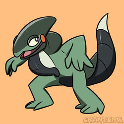  1:1 4_fingers 4_toes ambiguous_gender black_eyes black_tail crantime_(artist) cyclizar feet fingers generation_9_pokemon green_body looking_back nintendo open_mouth orange_background orange_cheeks pink_tongue pokemon pokemon_(species) simple_background solo standing tail toes tongue 