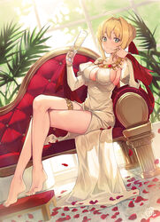  :3 ahoge anklet bare_legs bare_shoulders barefoot blonde_hair breasts chaise_longue champagne_flute cheek_rest cleavage commentary_request crossed_legs cup detached_sleeves dress drink drinking_glass dutch_angle elbow_rest fate/extra fate/grand_order fate_(series) feet female footstool full_body gold_bracelet green_eyes hair_intakes holding holding_cup jewelry juliet_sleeves large_breasts long_hair long_sleeves looking_at_viewer nagu nero_claudius_(fate) nero_claudius_(fate/extra) nero_claudius_(formal_dress)_(fate) official_alternate_costume petals photoshop_(medium) plant puffy_sleeves shoulder_necklace signature sitting smile solo stool thighlet thighs tied_hair white_dress 