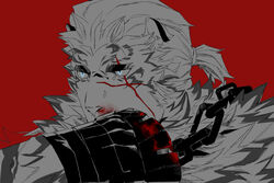  1boy animal_ears arknights bad_id bad_twitter_id blood blood_on_hands chain_necklace chains furry furry_male glowing glowing_eyes hinokumo_f inactive_account jewelry male_focus mountain_(arknights) necklace nosebleed portrait red_background scar scar_across_eye scar_on_face short_hair solo spot_color tiger_boy tiger_ears white_fur wiping_blood wiping_nose 