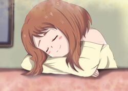  blush boku_no_hero_academia brown_hair closed_eyes closed_mouth english_commentary female hair_down highres hikariangelove leaning_on_table sleeping solo uraraka_ochako 