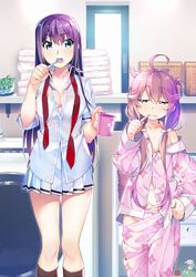  2girls ahoge blue_eyes bow bow_panties bra brushing_teeth clothes_pull cup drooling feet_out_of_frame fukami_rena grisaia_(series) grisaia_phantom_trigger hair_over_shoulder half-closed_eyes holding holding_cup holding_toothbrush ikoma_murasaki indoors laundry_basket long_hair long_sleeves messy_hair mouth_insertion multiple_girls navel non-web_source off_shoulder official_art open_mouth pajamas panties pants pants_pull pink_eyes pink_hair pink_panties pleated_skirt purple_hair short_sleeves skirt standing toothbrush towel twintails underwear watanabe_akio 