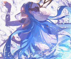  azura_(fire_emblem) bad_id bad_twitter_id blue_hair closed_eyes commentary detached_sleeves dress english_commentary female fingerless_gloves fire_emblem fire_emblem_fates fire_emblem_heroes from_side gloves long_hair open_mouth solo splashing standing taki_(tkai40) veil very_long_hair water white_dress 